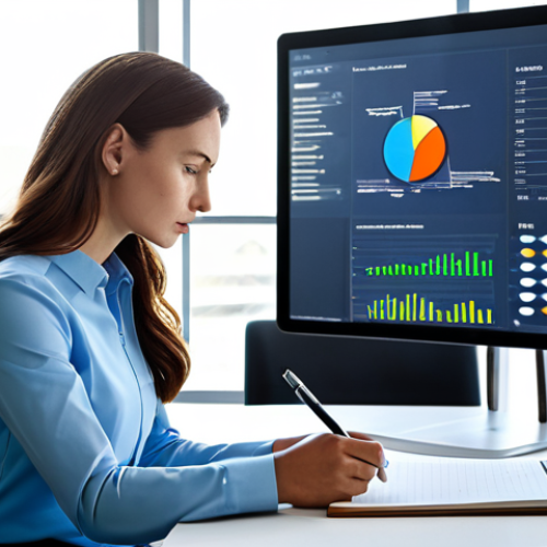 A professional woman, fully clothed in a modest business outfit, sits at a sleek desk in a sunlit modern office. On her tablet, complex nutrition data and visual representations of DNA sequences are displayed. She holds a pen, poised over a notebook, deep in thought as she synthesizes information to understand personalized nutrition. The atmosphere is one of focused discernment amidst a world of information. Perfect anatomy, correct proportions, well-formed hands, natural body proportions, natural pose, safe for work, appropriate content, fully clothed, professional, high quality, detailed, realistic.