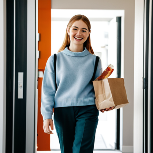 A professional young woman, smiling warmly, stands at the open doorway of her modern, well-lit apartment, holding a neatly packaged food delivery bag. She wears a modest and stylish casual outfit, a comfortable sweater and smart trousers. In the soft-focus background, a professional delivery person is partially visible, completing the transaction. The scene emphasizes modern urban convenience and daily ease.