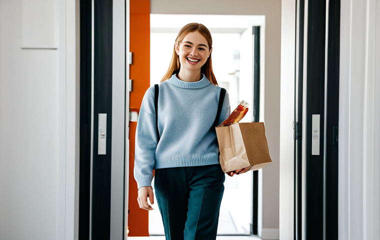 A professional young woman, smiling warmly, stands at the open doorway of her modern, well-lit apartment, holding a neatly packaged food delivery bag. She wears a modest and stylish casual outfit, a comfortable sweater and smart trousers. In the soft-focus background, a professional delivery person is partially visible, completing the transaction. The scene emphasizes modern urban convenience and daily ease.
