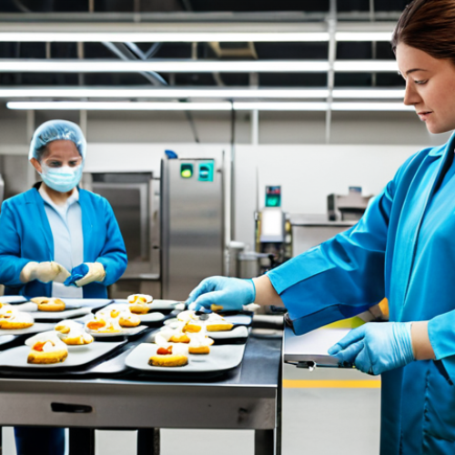 **

A mid-sized food manufacturer, fully clothed workers in a clean factory setting, implementing HACCP procedures. Include quality control checkpoints with digital monitoring equipment. Professional, safe for work, appropriate content, fully clothed, perfect anatomy, correct proportions, natural pose, high quality.

**