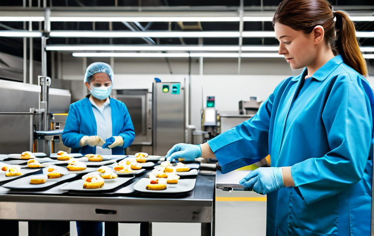 **

A mid-sized food manufacturer, fully clothed workers in a clean factory setting, implementing HACCP procedures. Include quality control checkpoints with digital monitoring equipment. Professional, safe for work, appropriate content, fully clothed, perfect anatomy, correct proportions, natural pose, high quality.

**